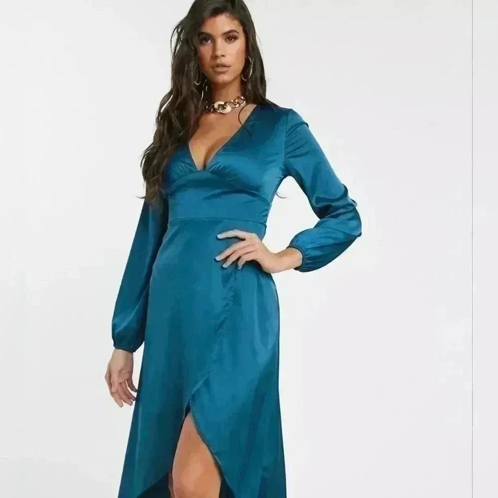 Misguided Women's Size 12 Teal Plunge Midi Dress NWT